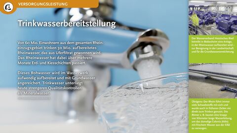 Trinkwasserbereitstellung Von 60 Mio. Einwohnern aus dem gesamten Rheineinzugsgebiet trinken 30 Mio. aufbereitetes Rheinwasser, was aus Ulferfiltrat gewonnen wird.